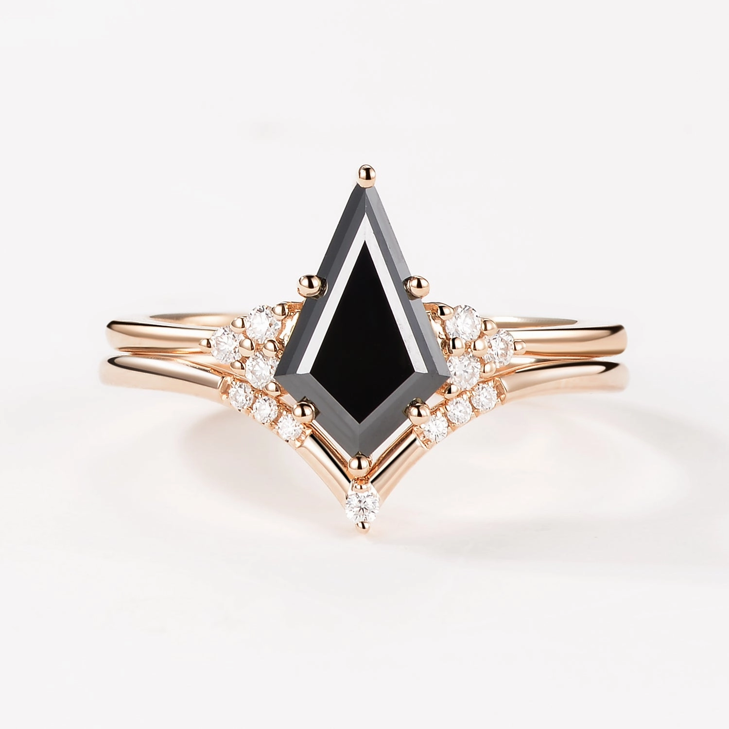 Kite Black Rutilated Quartz Engagement Ring Set 2pcs Floral Pattern