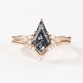 Trendy Edge High-End Embellishment Kite Black Rutilated Quartz Engagement Ring Set 2pcs