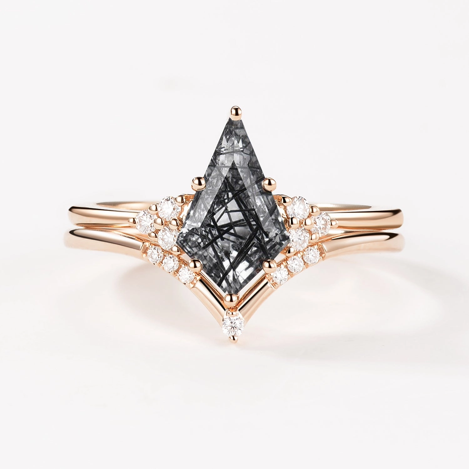 Trendy Edge High-End Embellishment Kite Black Rutilated Quartz Engagement Ring Set 2pcs