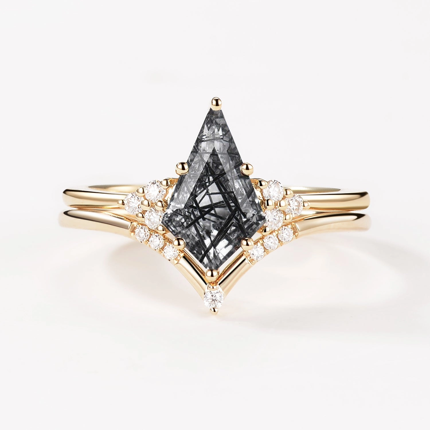 Kite Black Rutilated Quartz Engagement Ring Set 2pcs Contemporary Emblem