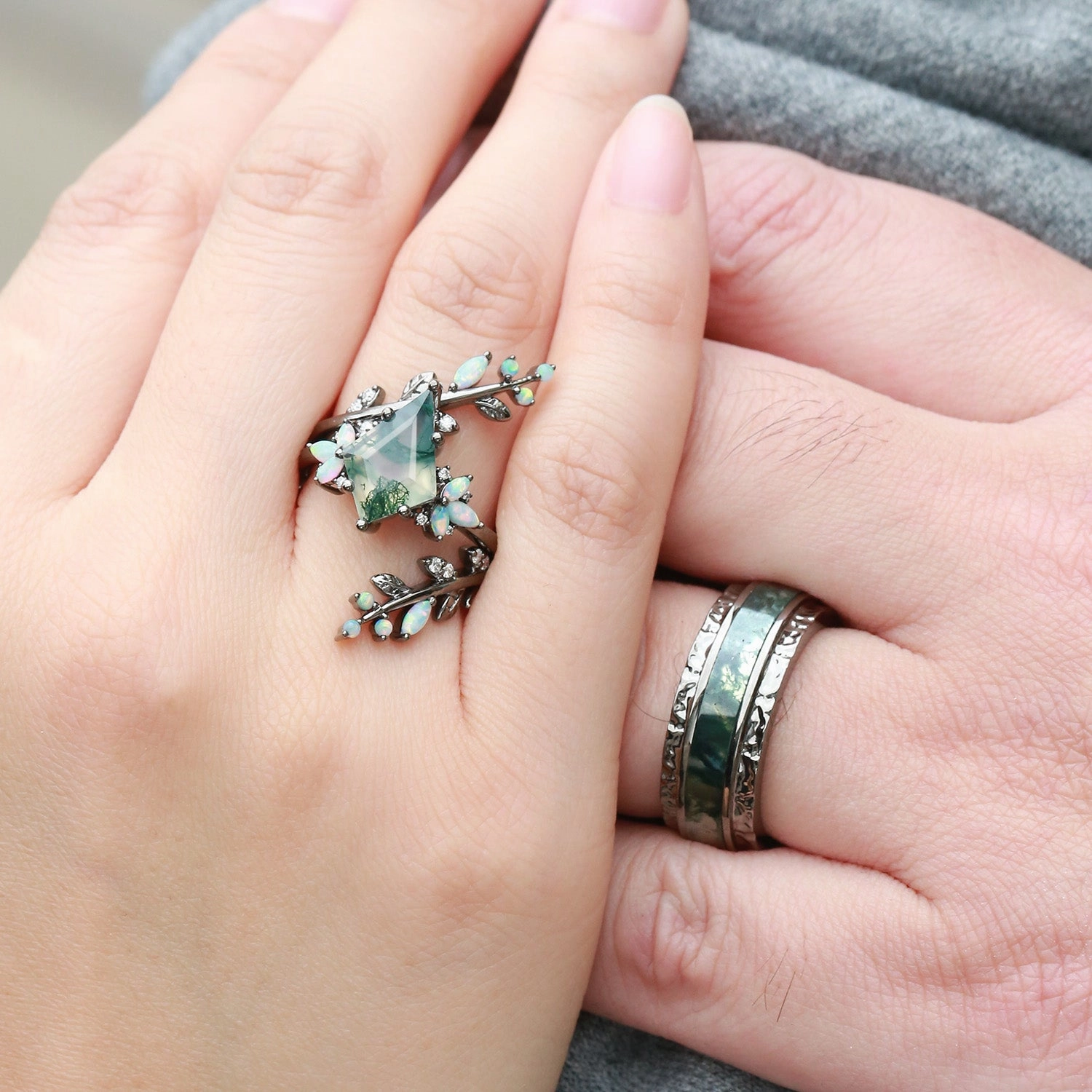Kite Cut Black Gold Moss Agate & Opal Cage Leafy Couple Ring Set 3pcs - Knight Splendid Shine