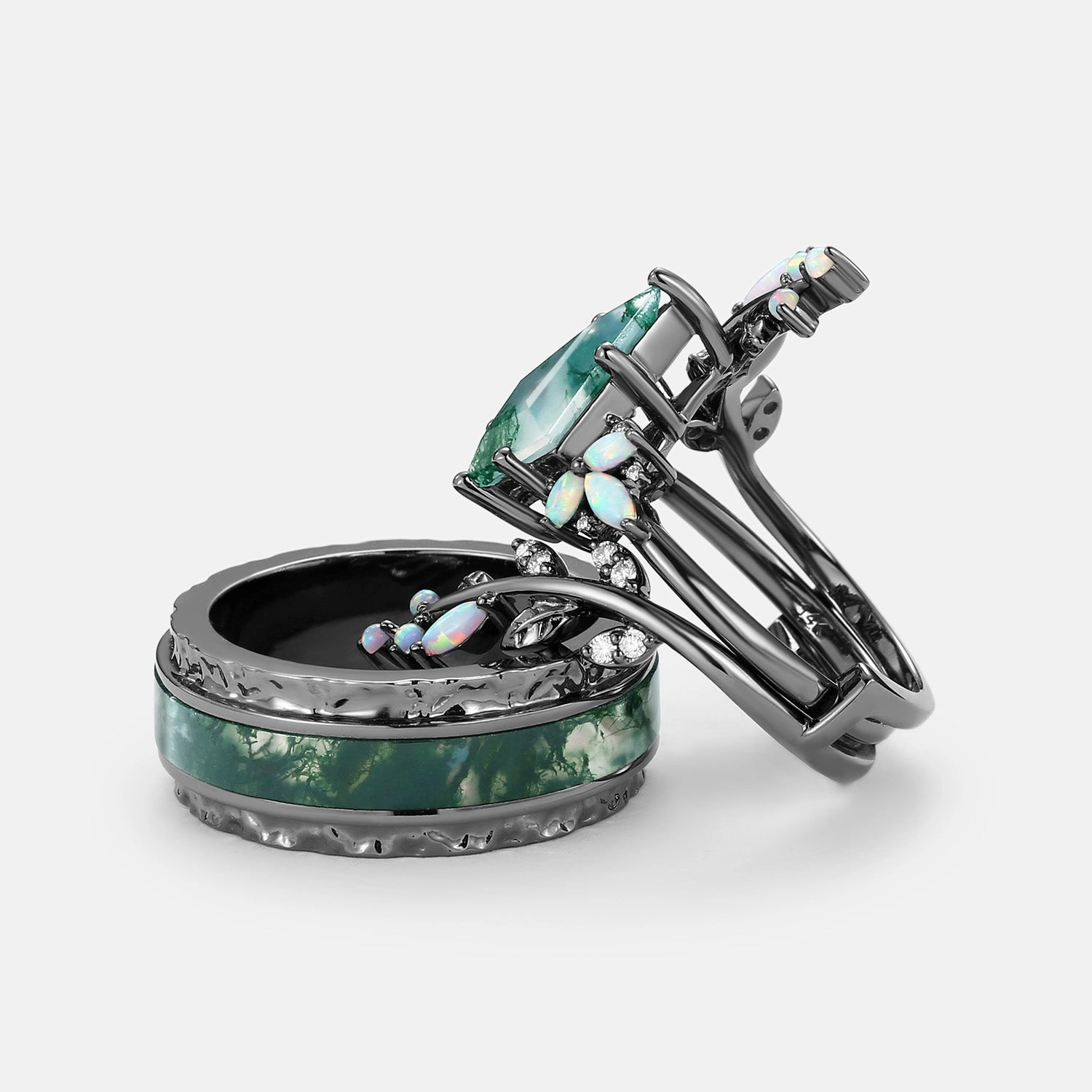 Kite Cut Black Gold Moss Agate & Opal Cage Leafy Couple Ring Set 3pcs - Knight Elegant Look