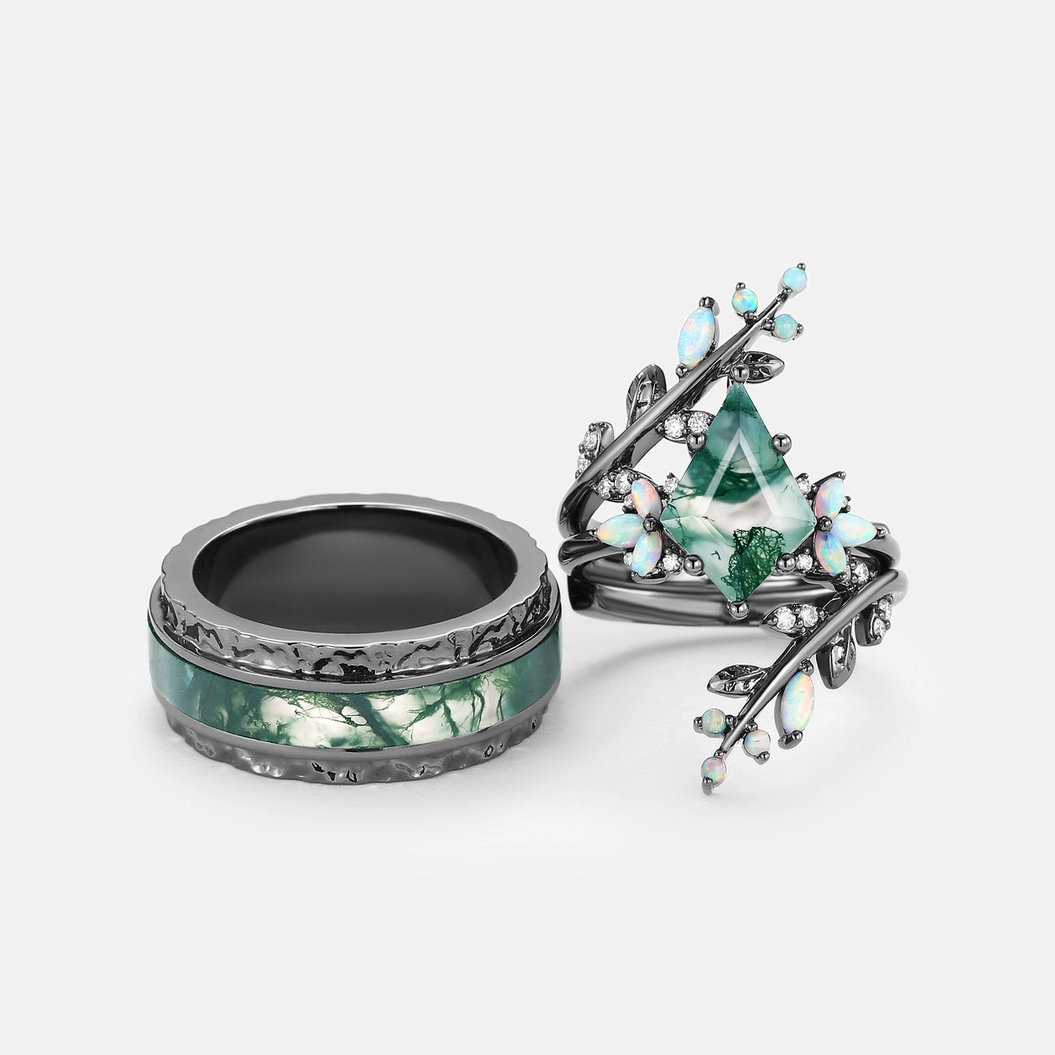 Sentimental Embellishment Kite Cut Black Gold Moss Agate & Opal Cage Leafy Couple Ring Set 3pcs - Knight