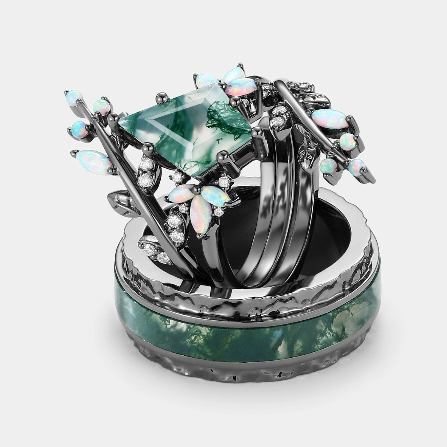 See Through Kite Cut Black Gold Moss Agate & Opal Cage Leafy Couple Ring Set 3pcs - Knight