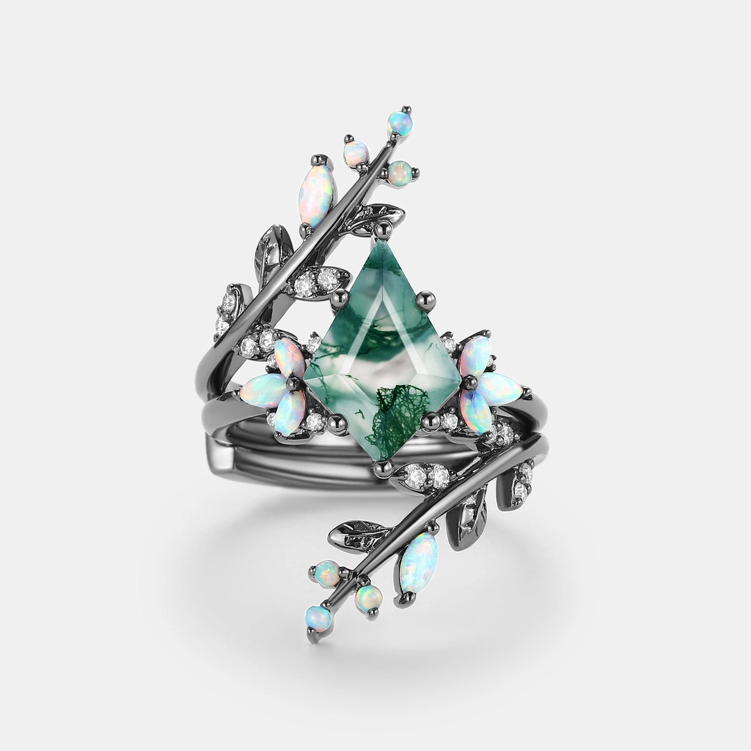 Kite Cut Black Gold Moss Agate & Opal Cage Leafy Engagement Ring 2pcs - Knight Event Favorite Allure Detail