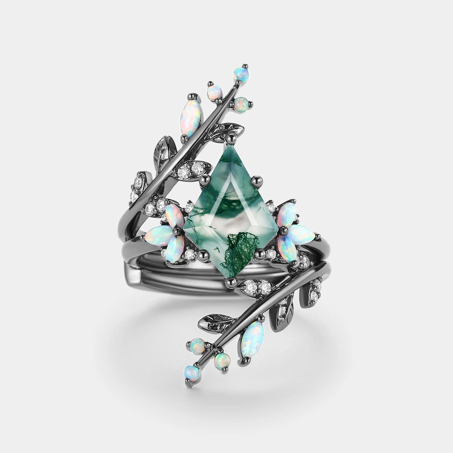 Youth Accent Glitter Accent Kite Cut Black Gold Moss Agate & Opal Cage Leafy Engagement Ring 2pcs - Knight