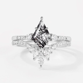 Unisex Appeal Kite Cut Black Rutilated Quartz Bridal Ring Set 2pcs