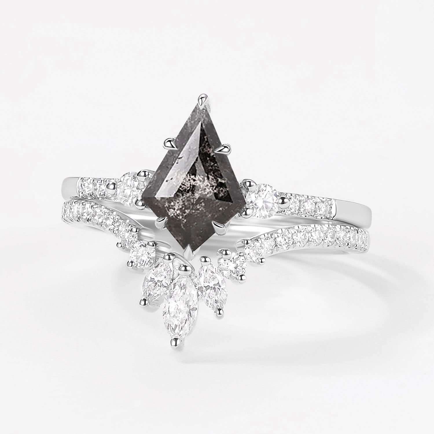 Winter Look Understated Elegance Kite Cut Black Rutilated Quartz Bridal Ring Set 2pcs