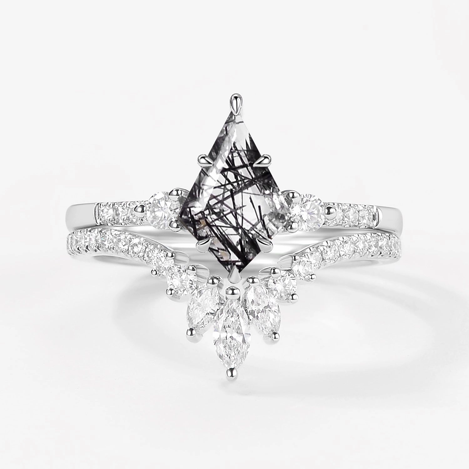 Unisex Appeal Kite Cut Black Rutilated Quartz Bridal Ring Set 2pcs