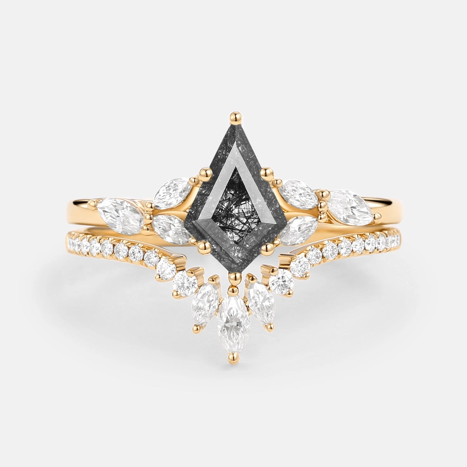 Kite Cut Black Rutilated Quartz Engagement Ring Set 2pcs - July Protective Coating Minimal Expression