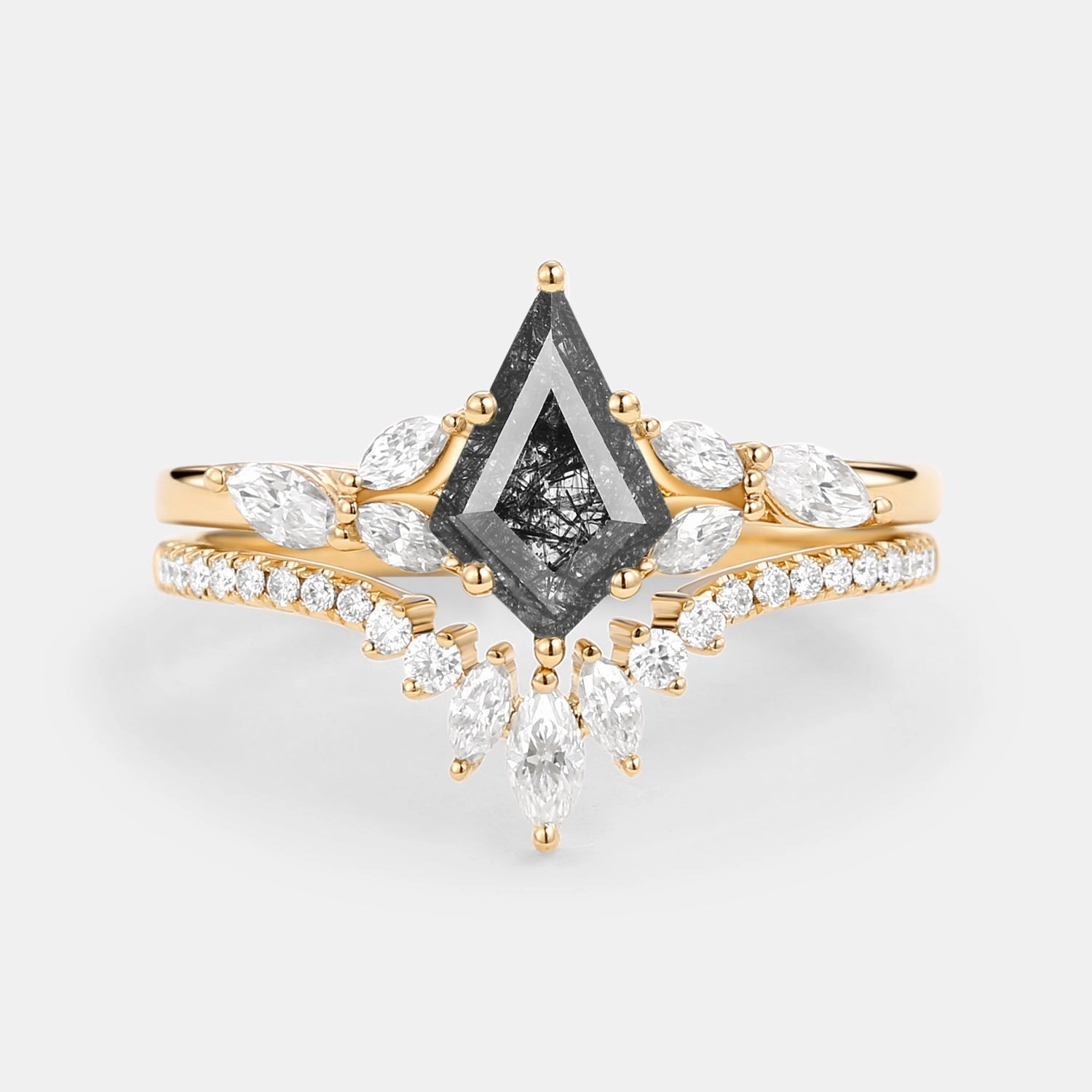 Kite Cut Black Rutilated Quartz Engagement Ring Set 2pcs - July Ornate Craft