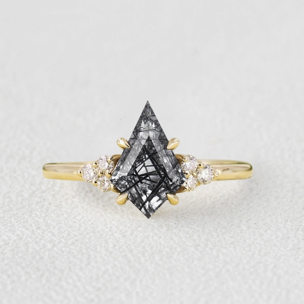 Kite Cut Black Rutilated Quartz Four-Prong Engagement Ring Trendy Design