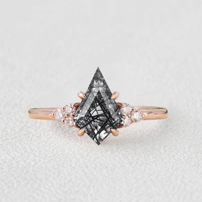 Event Jewelry Premium Set Kite Cut Black Rutilated Quartz Four-Prong Engagement Ring