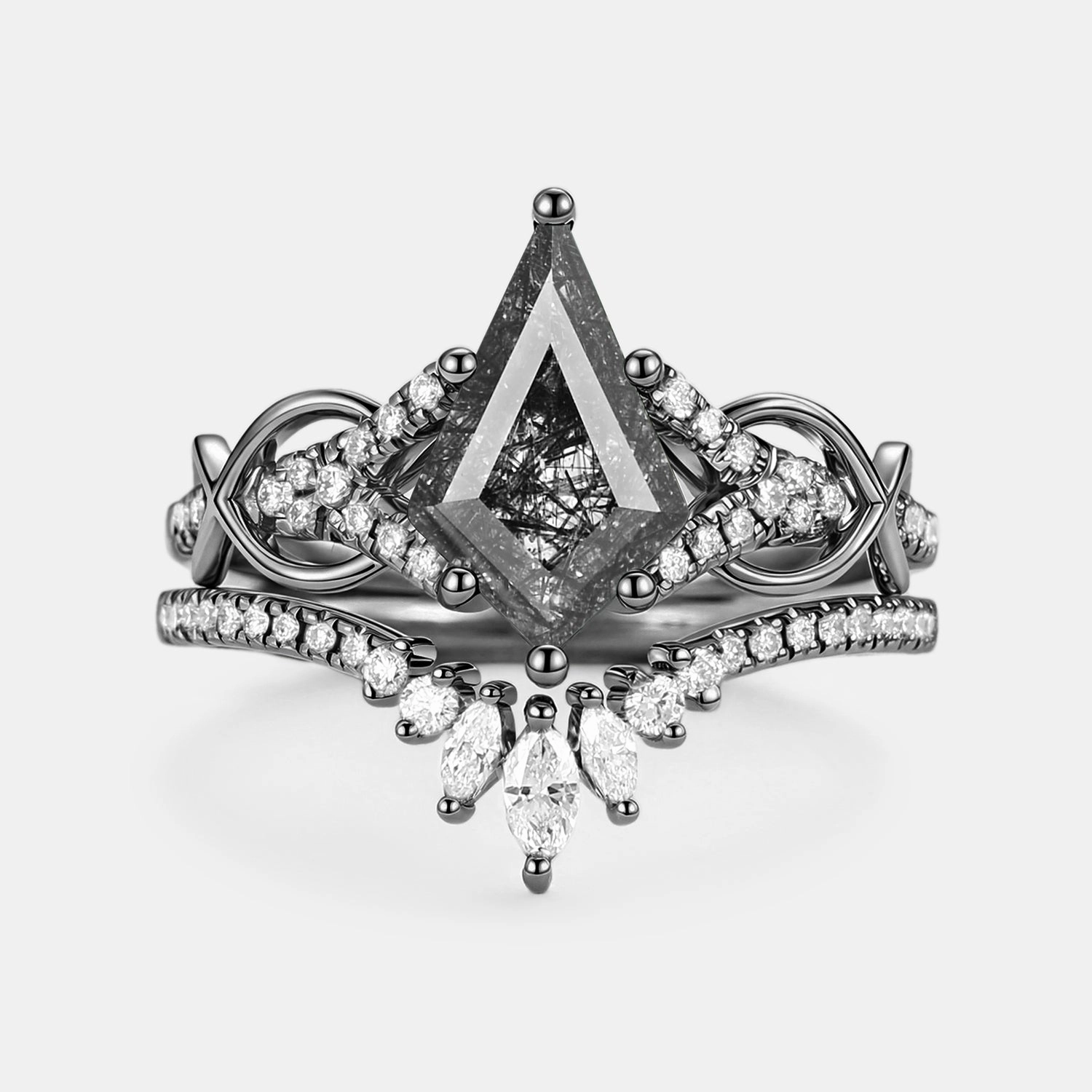 Trendy Finish Polished Touch Kite Cut Black Rutilated Quartz Infinity Antique Engagement Ring Set 2pcs