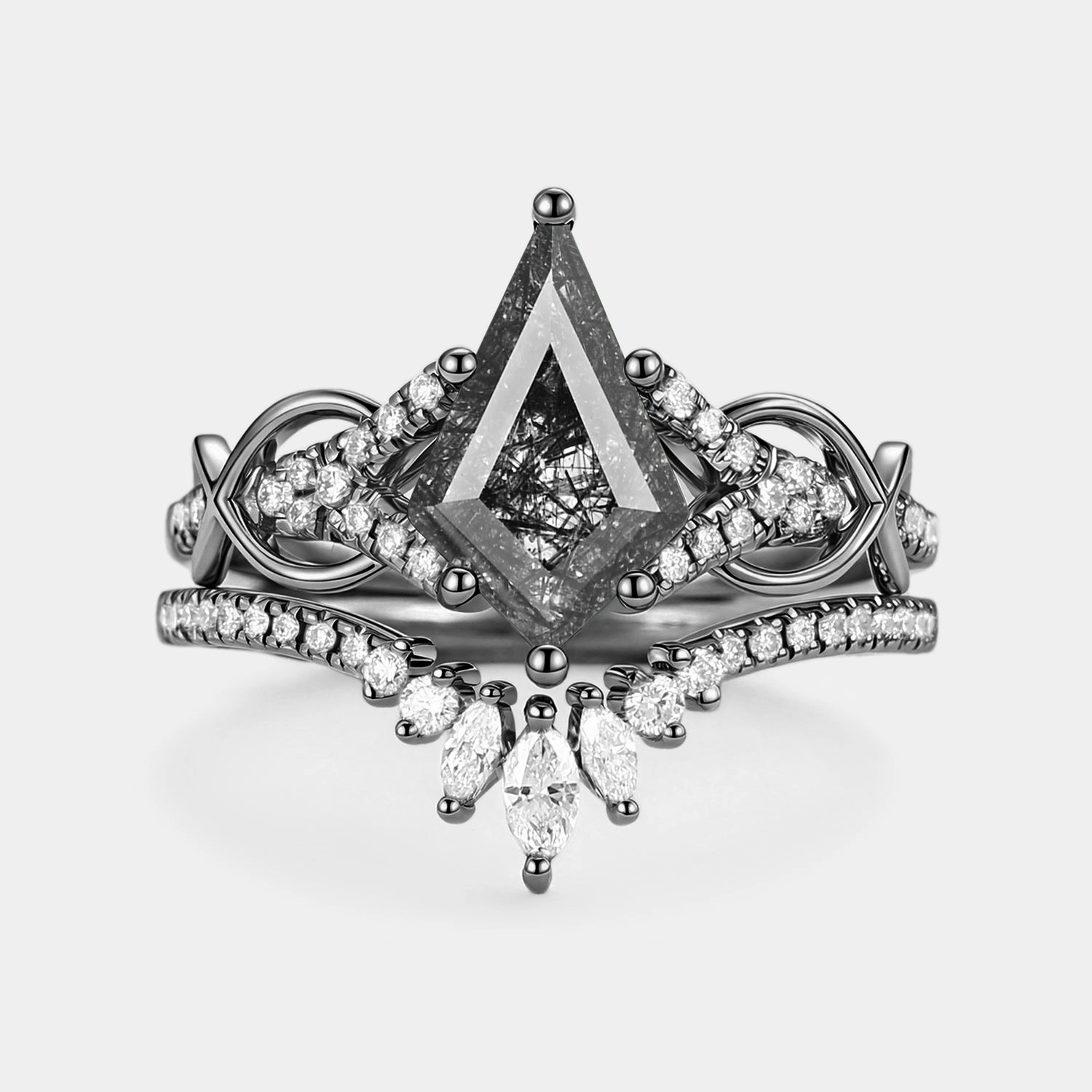 Kite Cut Black Rutilated Quartz Infinity Antique Engagement Ring Set 2pcs Excellent Ornament Low-Cost Item