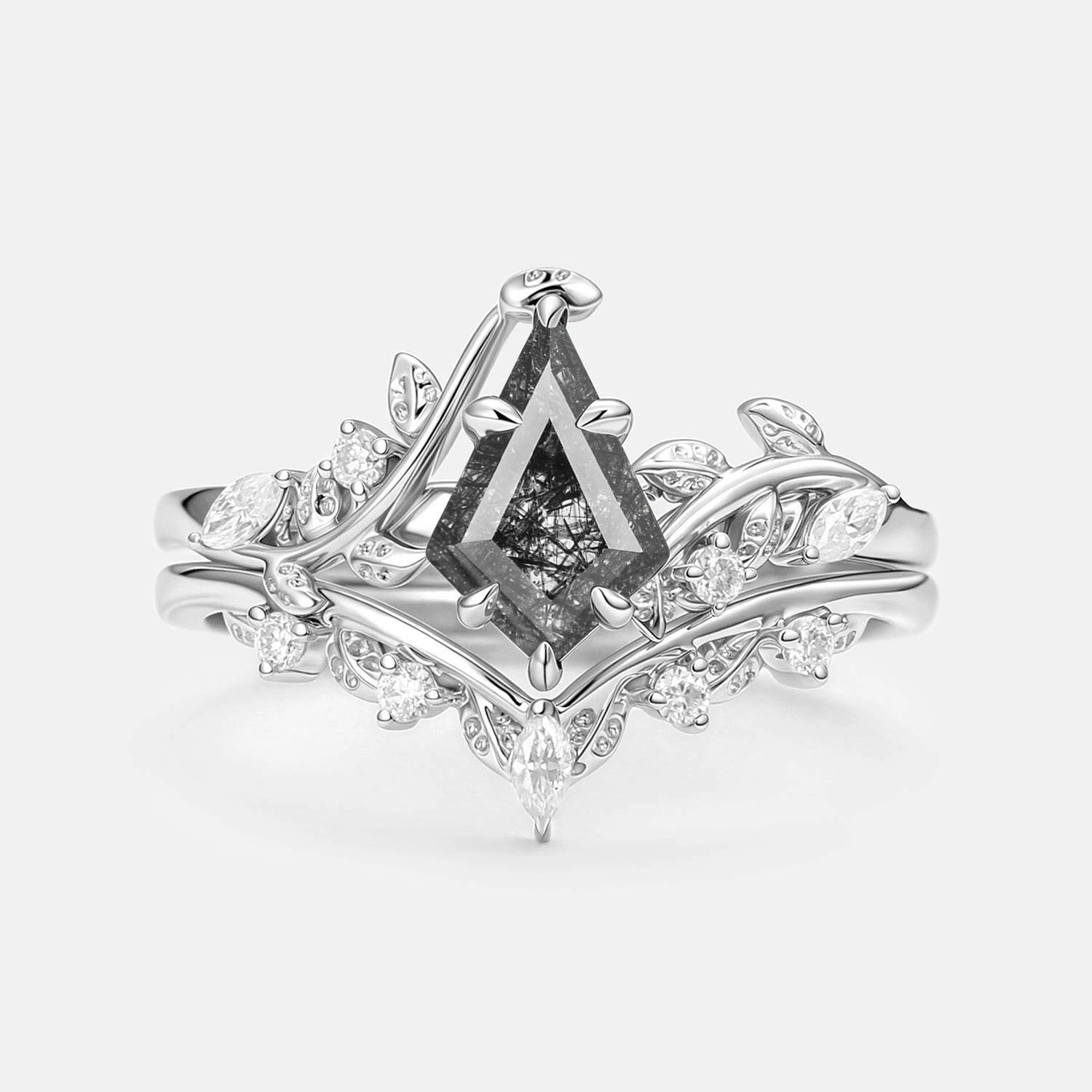 Classic Trinket Kite Cut Black Rutilated Quartz Leafy Engagement Ring Sets 2pcs - Yew