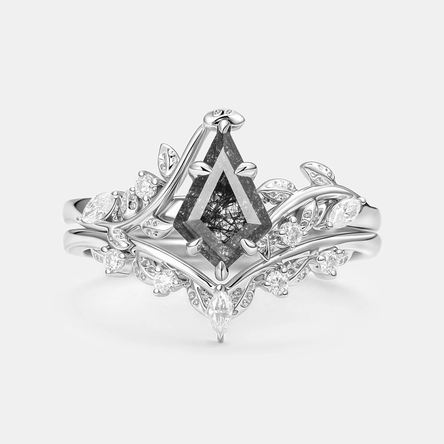 Creative Memento Wedding Occasion Kite Cut Black Rutilated Quartz Leafy Engagement Ring Sets 2pcs - Yew