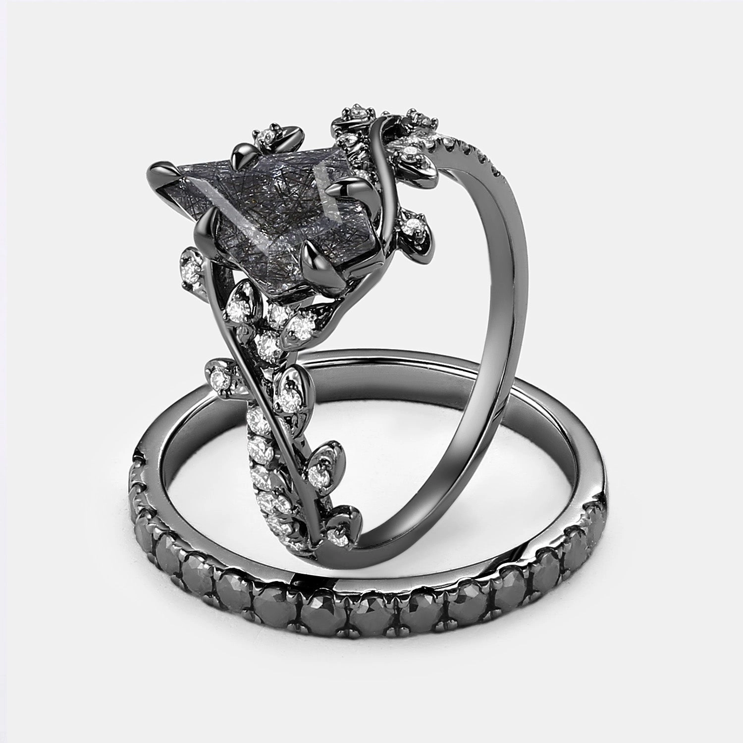 Kite Cut Black Rutilated Quartz Leafy Pave Black Gold Couple Ring Set 3pcs Collector's Piece Strong Decoration