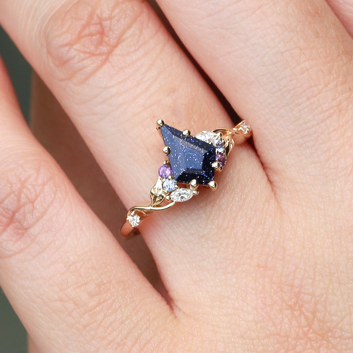 Kite Cut Blue Sandstone Leafy Engagement Ring - Elowen Wonderful Item Travel Accessory