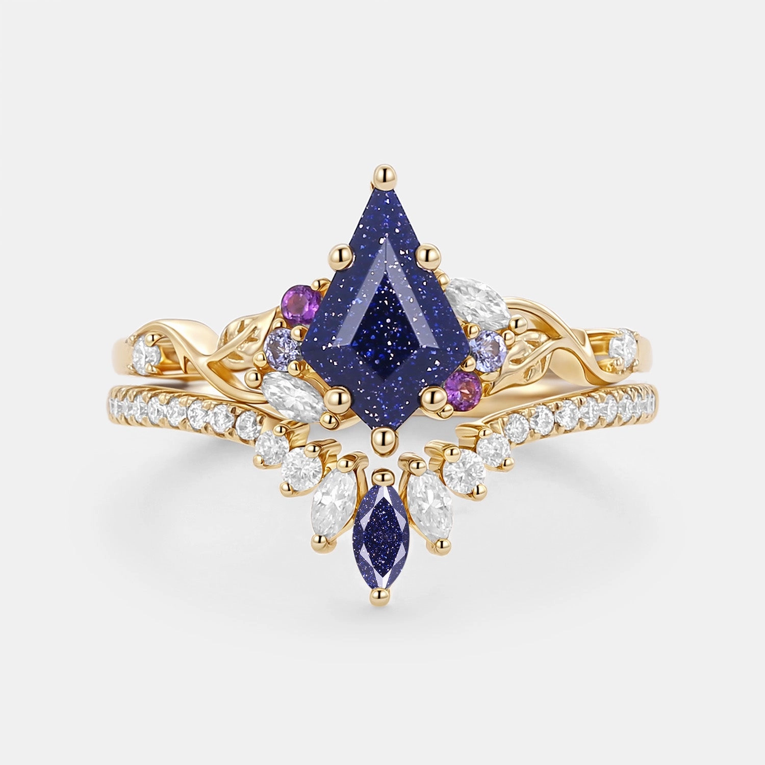 Star Product Kite Cut Blue Sandstone Leafy Engagement Ring Set 2pcs - Elowen