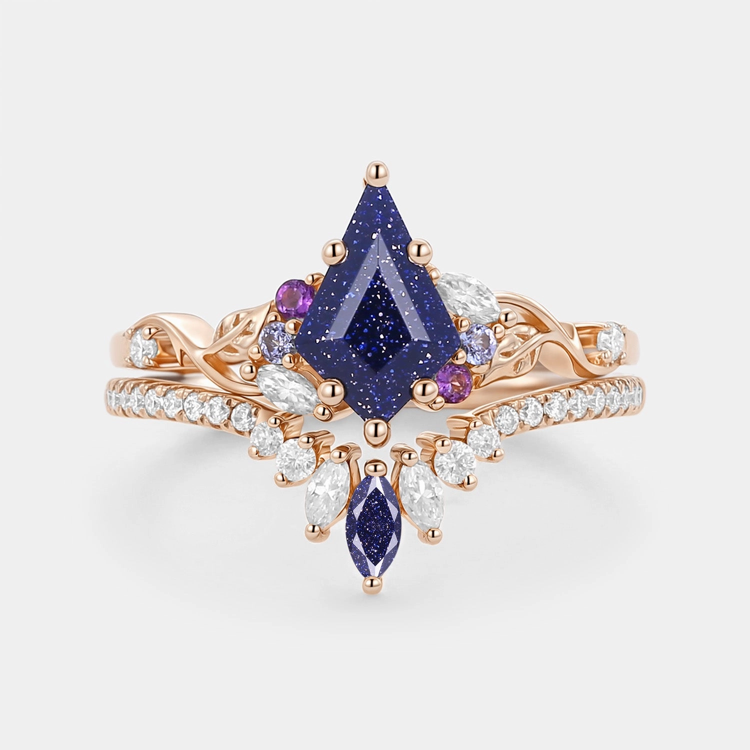 Kite Cut Blue Sandstone Leafy Engagement Ring Set 2pcs - Elowen Ornate Item Contemporary Insignia