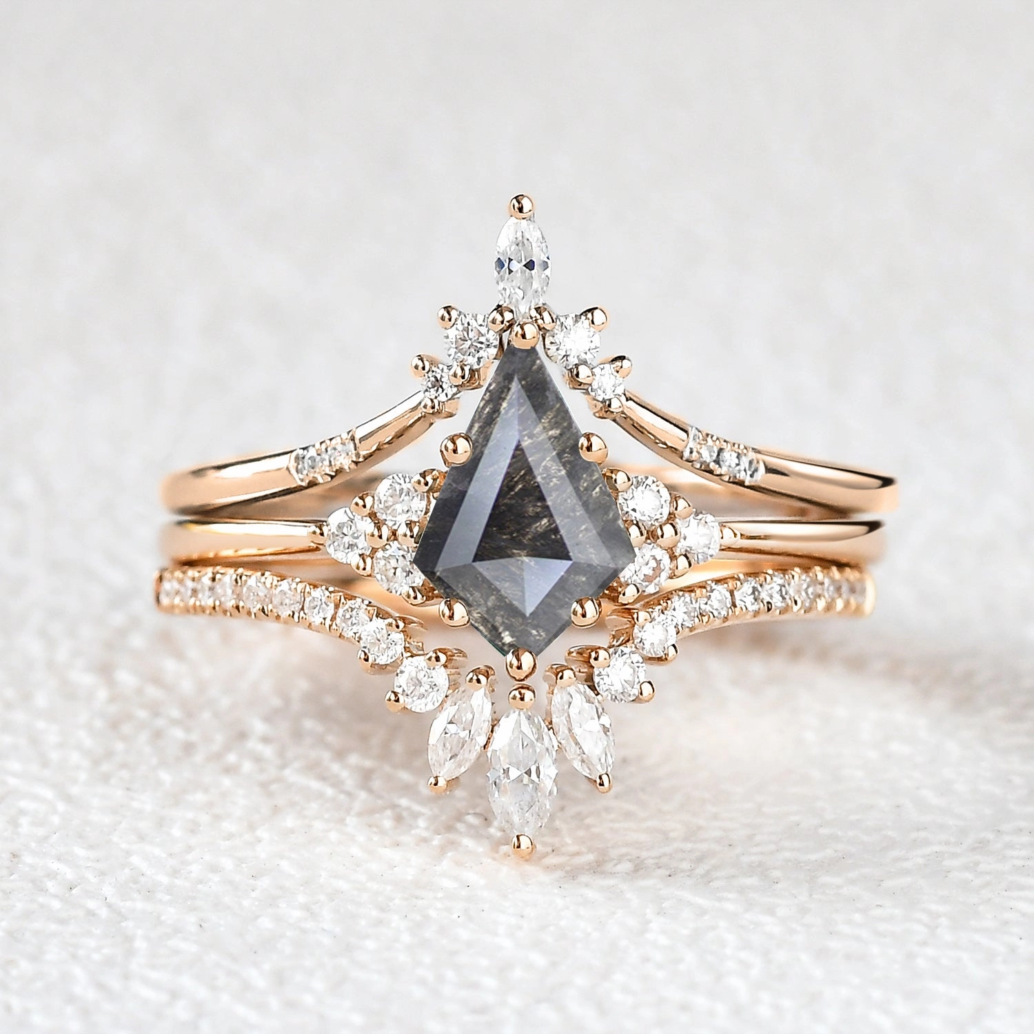 Artistic Craft Kite Cut Darker Salt and Pepper Diamonds Ring Set 3pcs
