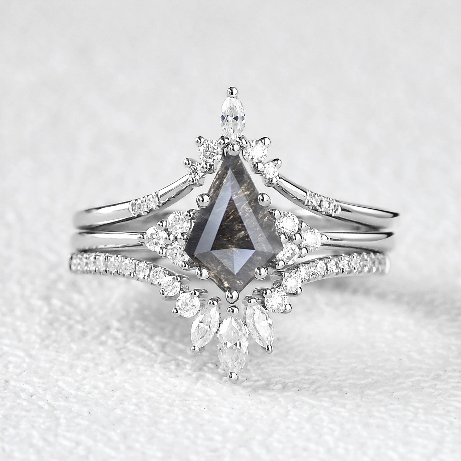 Kite Cut Darker Salt and Pepper Diamonds Ring Set 3pcs Formal Event