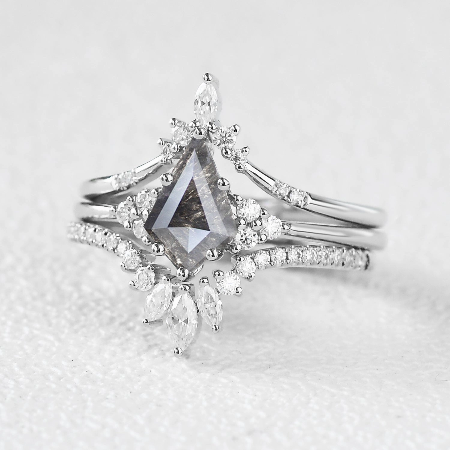 Kite Cut Darker Salt and Pepper Diamonds Ring Set 3pcs Fine Piece Affordable Product