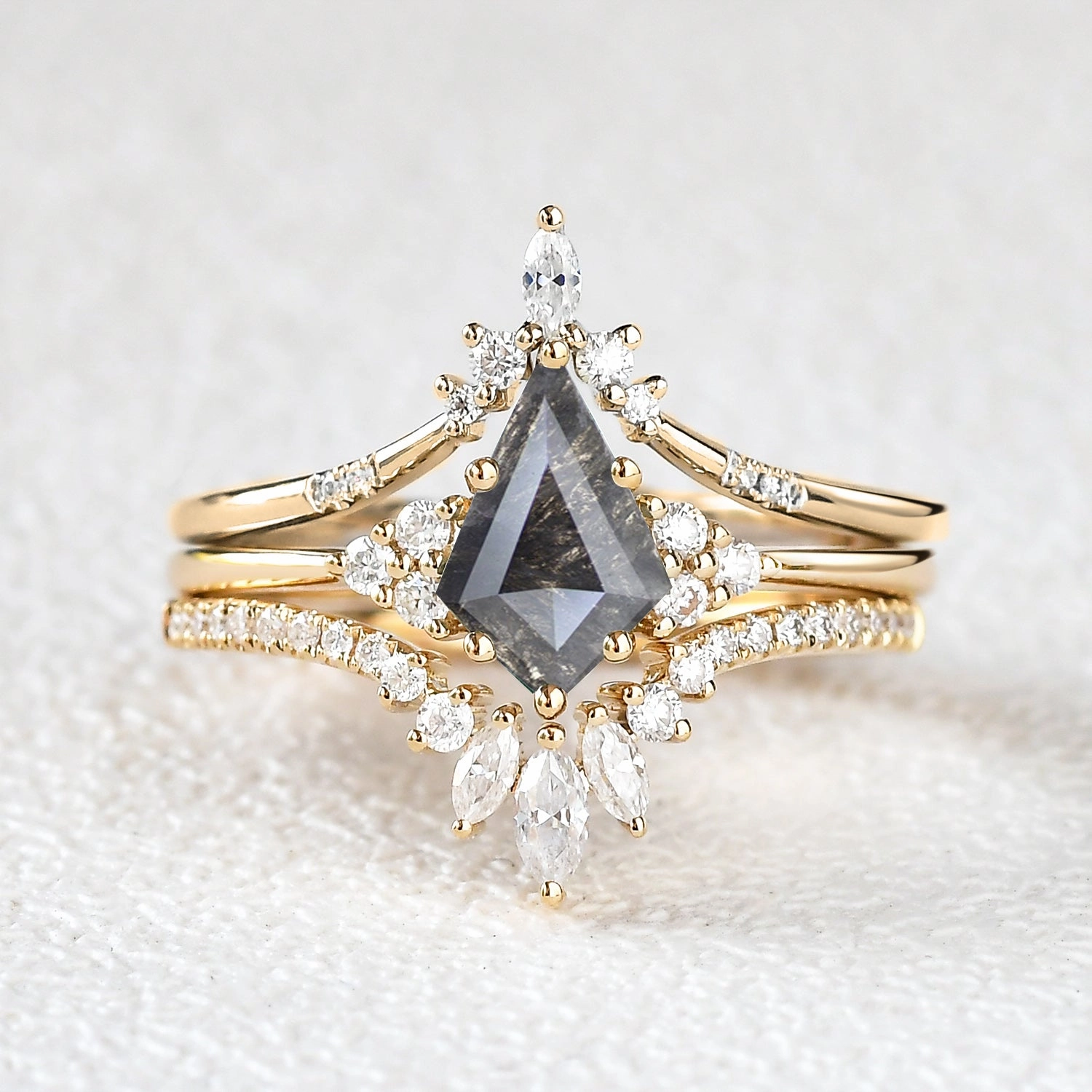 Sleek Look Kite Cut Darker Salt and Pepper Diamonds Ring Set 3pcs