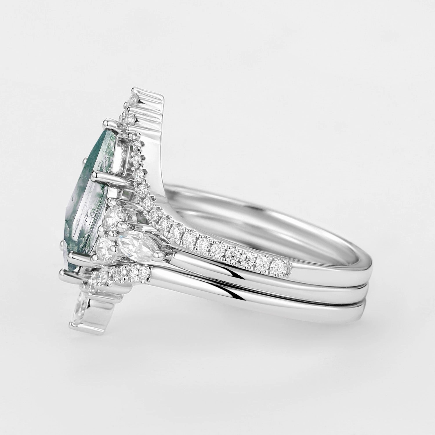 Trendy Touch Couture Accent Kite Cut Green Moss Agate Engagement Ring Set 3pcs