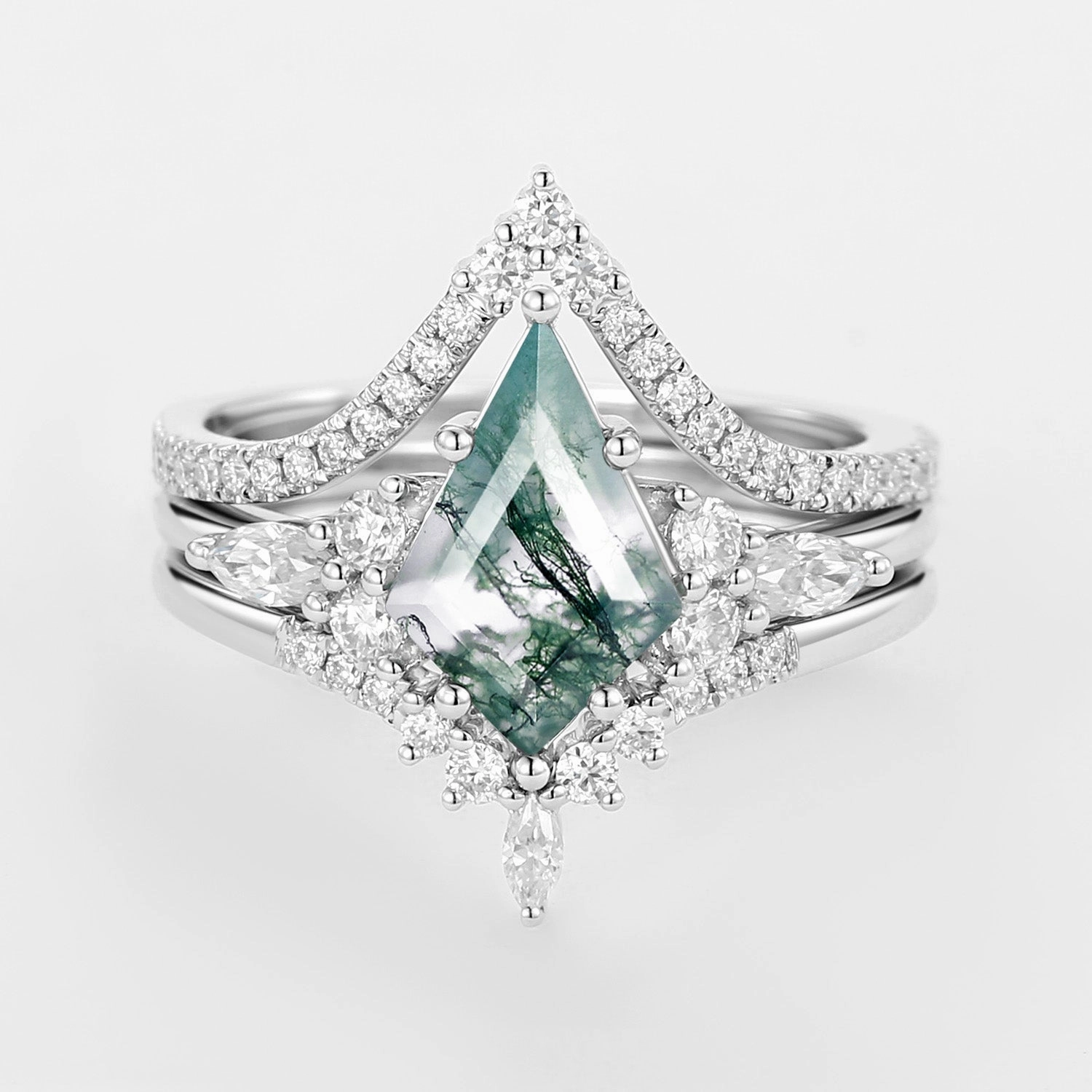 Kite Cut Green Moss Agate Engagement Ring Set 3pcs Luxurious Finish