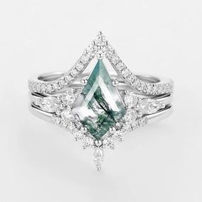 Kite Cut Green Moss Agate Engagement Ring Set 3pcs Luxurious Finish
