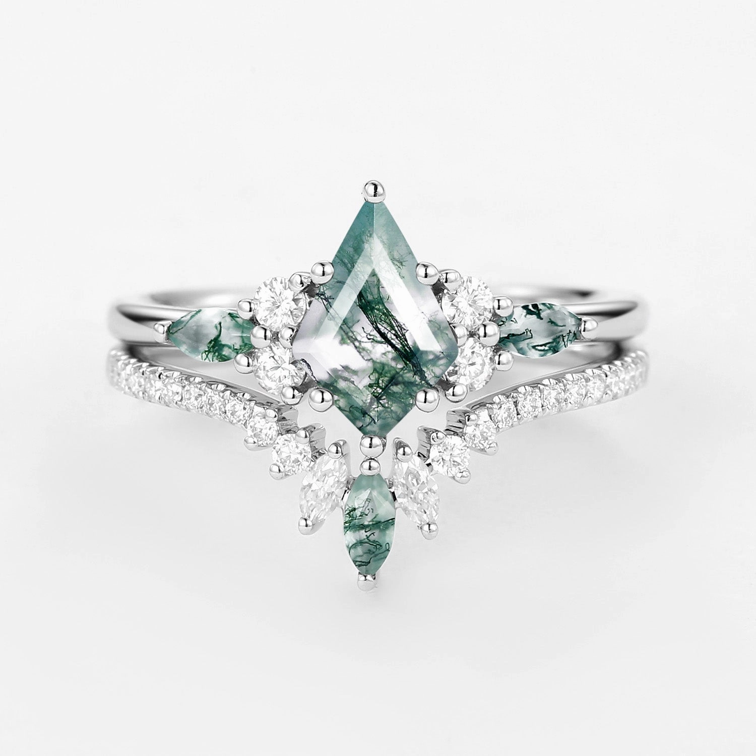 Kite Cut Green Moss Agate Three Stone Engagement Bridal Set 2pcs - Rebecca Universal Design