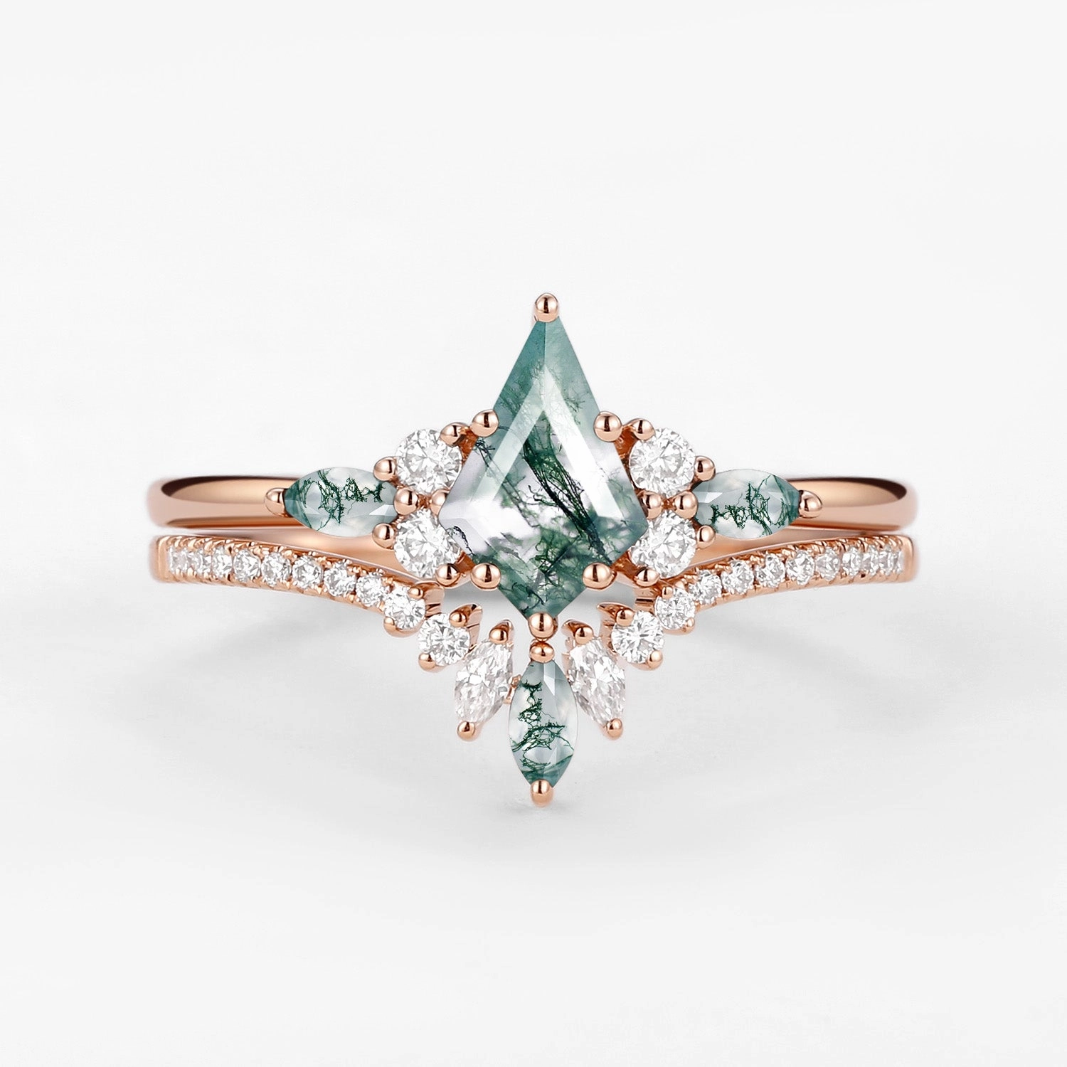 Kite Cut Green Moss Agate Three Stone Engagement Bridal Set 2pcs - Rebecca Gift Choice Comfortable Gift