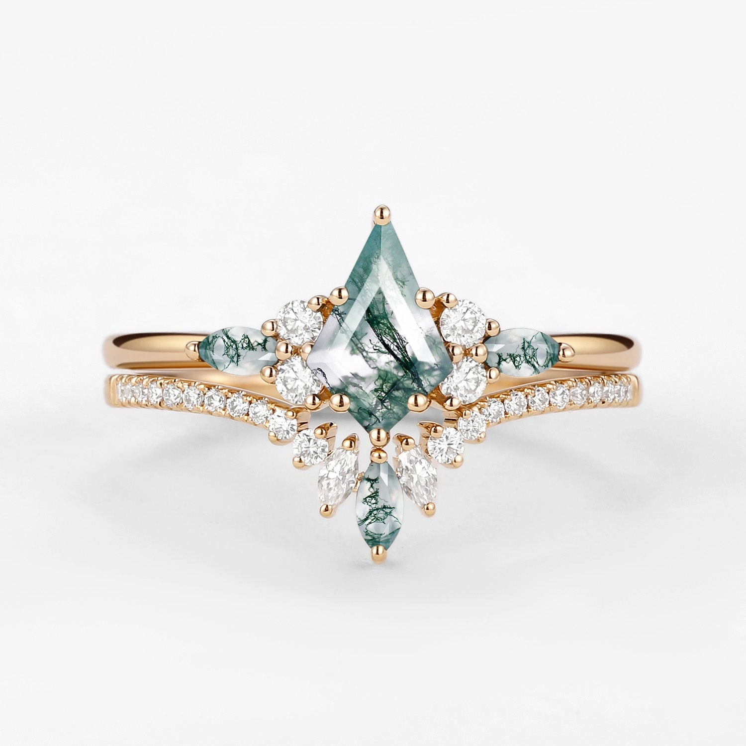 Bold Texture Gala Ready Kite Cut Green Moss Agate Three Stone Engagement Bridal Set 2pcs - Rebecca