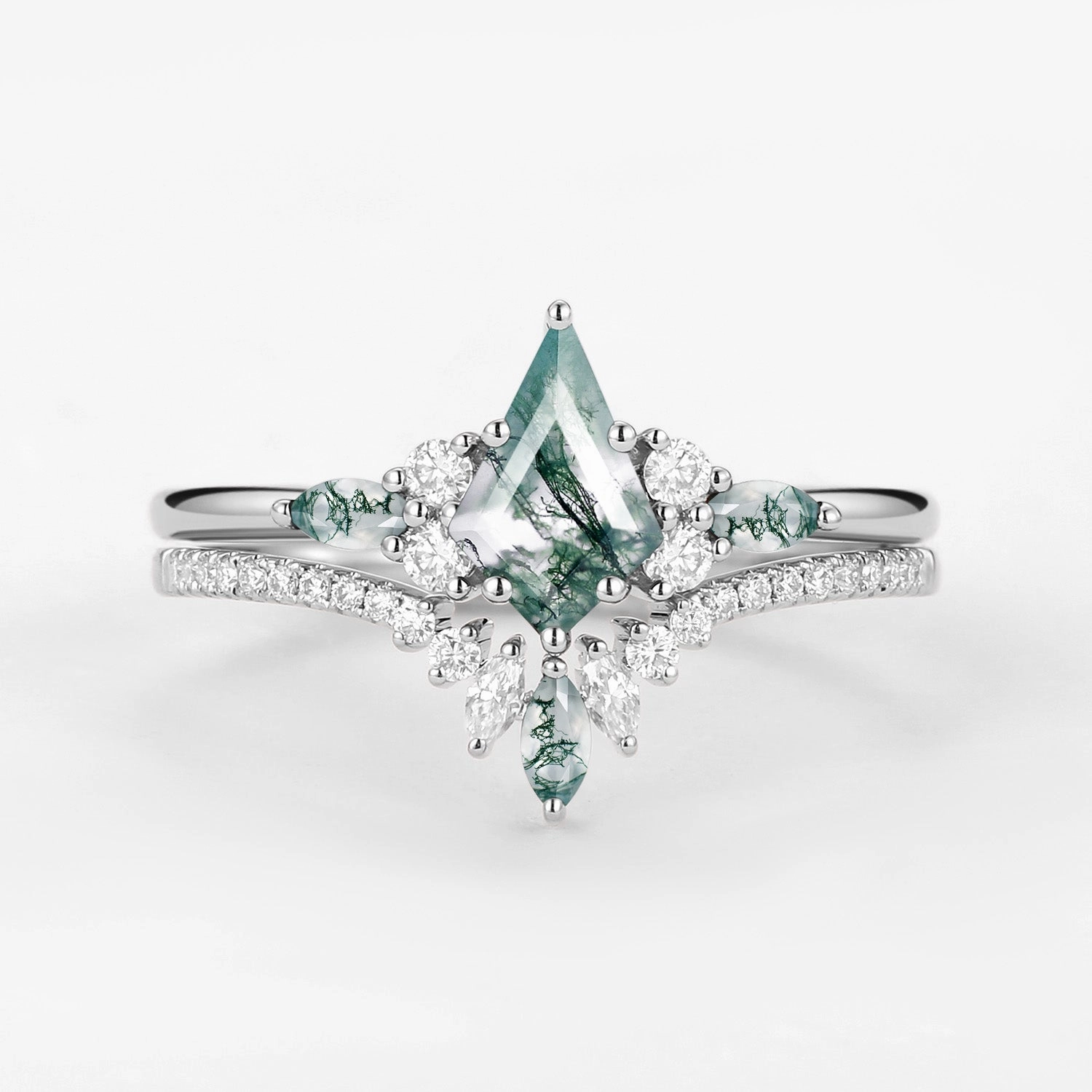 Kite Cut Green Moss Agate Three Stone Engagement Bridal Set 2pcs - Rebecca Radiant Shine Look