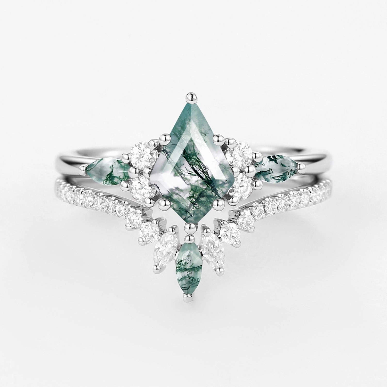 Kite Cut Green Moss Agate Three Stone Engagement Bridal Set 2pcs - Rebecca Birthday gift