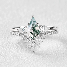 Radiant Craft Kite Cut Green Moss Agate White Gold Engagement Ring Set 2pcs
