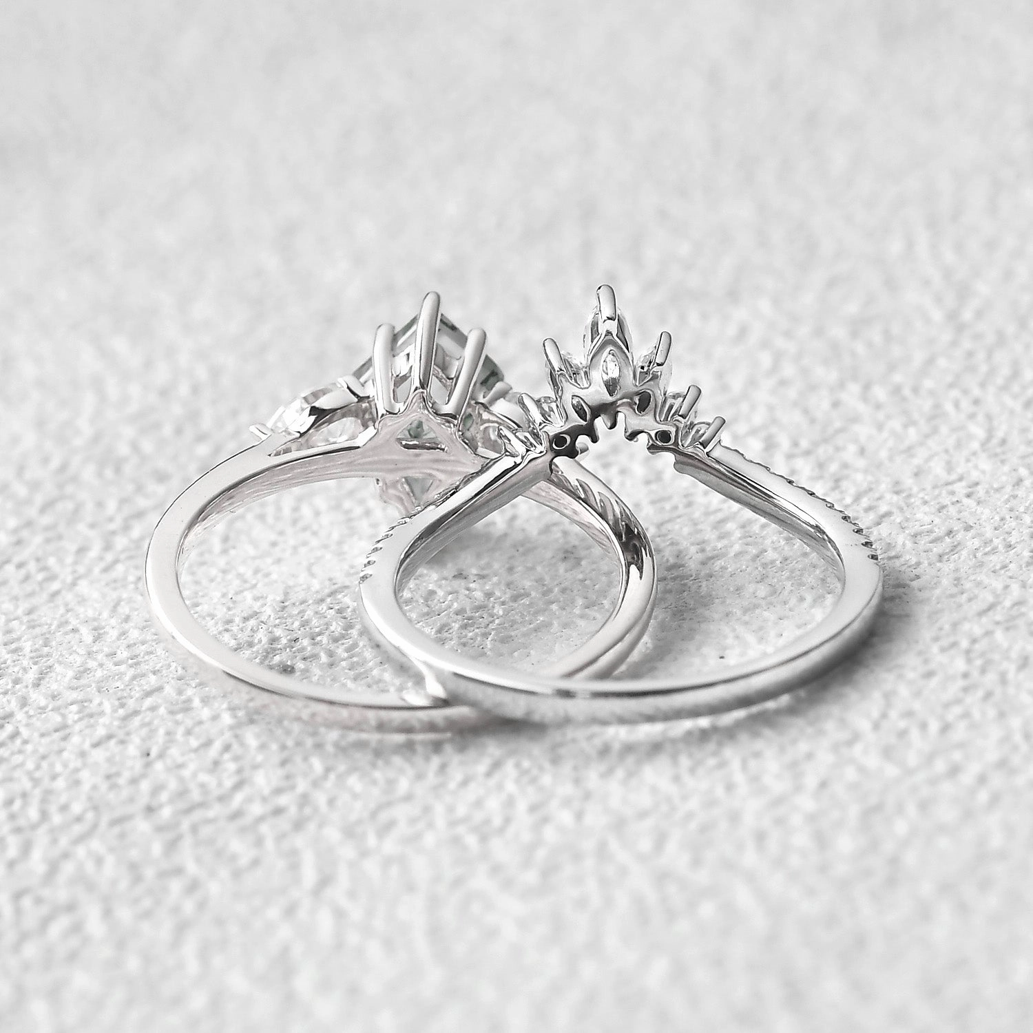 Kite Cut Green Moss Agate White Gold Engagement Ring Set 2pcs Fresh Vibe