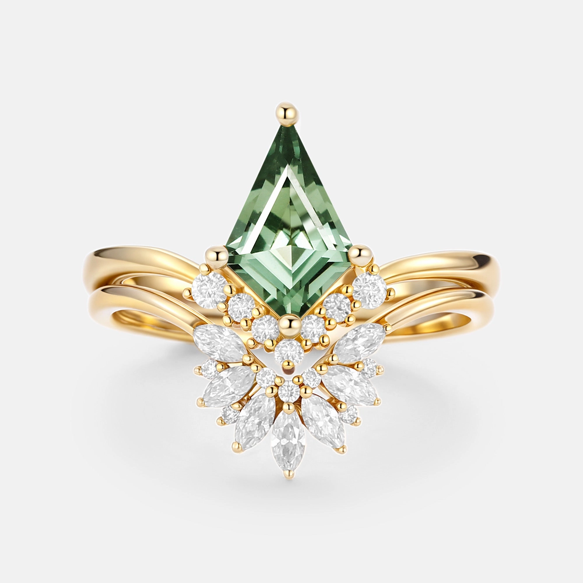 Kite Cut Lab Green Sapphire Cluster Engagement Ring Set 2pcs - Vane Polished Simplicity Wonderful Statement