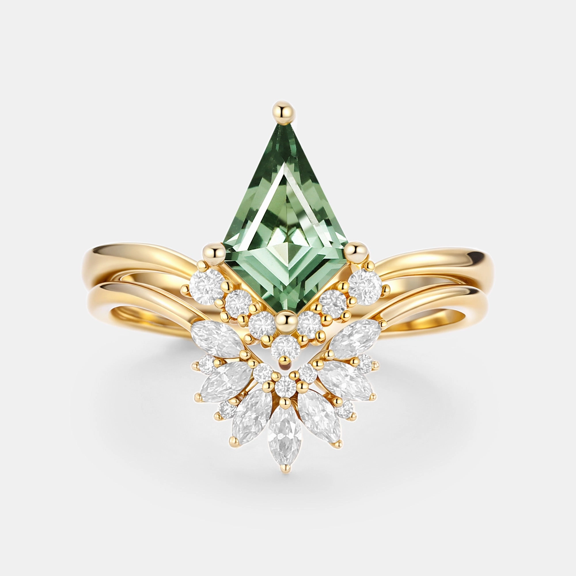 Fashionable pieces Subtle Glow Kite Cut Lab Green Sapphire Cluster Engagement Ring Set 2pcs - Vane