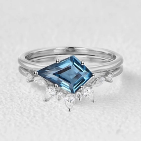 Groomsmen Gift Kite Cut London Blue Topaz East West Ring Set 2pcs