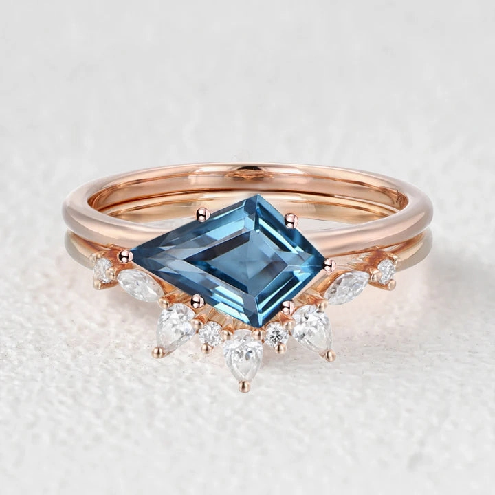Excellent Look Kite Cut London Blue Topaz East West Ring Set 2pcs