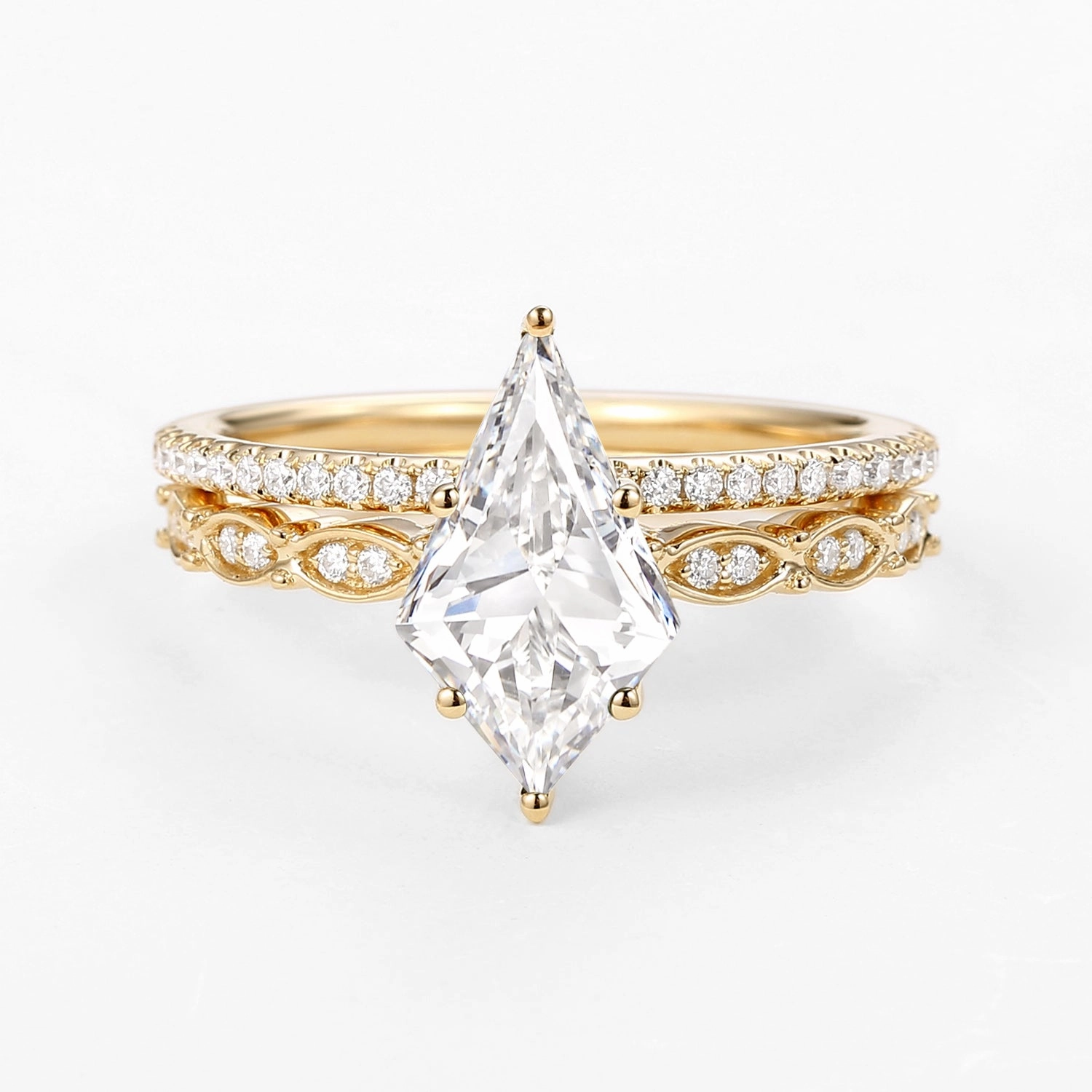 Kite Cut Moissanite Engagement Ring with Straight Band Set 2pcs Graceful Fit Timeless Accent