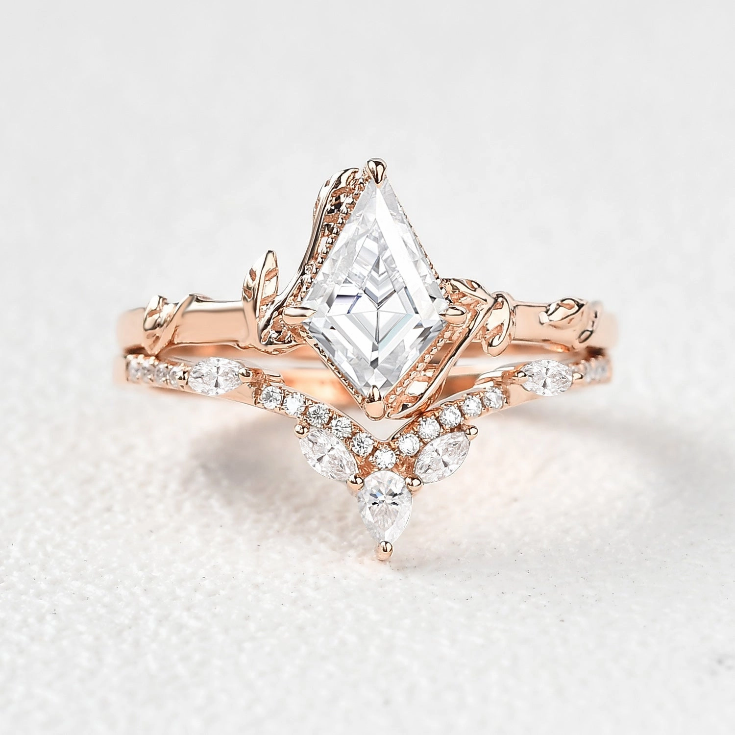 Work Friendly Kite Cut Moissanite Leafy Engagement Ring Sets 2pcs - Lark