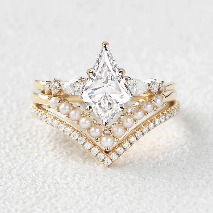 Glam Mode High-Quality Piece Kite Cut Moissanite Pearl Stacking Engagement Bridal Set 3pcs