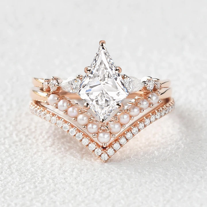 Work Outfit Radiant Moment Kite Cut Moissanite Pearl Stacking Engagement Bridal Set 3pcs