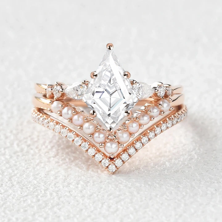 Kite Cut Moissanite Pearl Stacking Engagement Bridal Set 3pcs Daily Classic