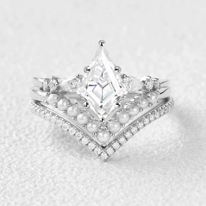 Kite Cut Moissanite Pearl Stacking Engagement Bridal Set 3pcs Fresh Feature