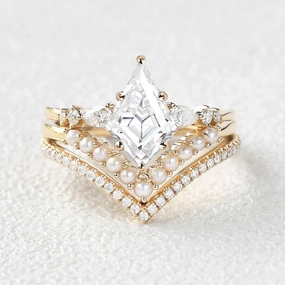Finest Highlight Kite Cut Moissanite Pearl Stacking Engagement Bridal Set 3pcs